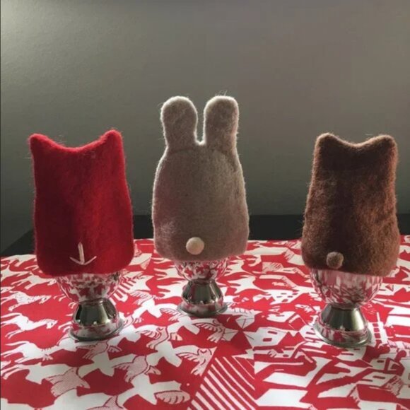 Handmade Felted Wool Rabbit Egg Cozy with Metal Egg Cup - Picture 8 of 13